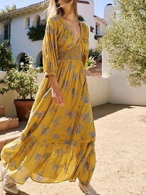 FREE PEOPLE Golden Hour Maxi Dress in Egyptian Palm Combo Yellow Blue Medium